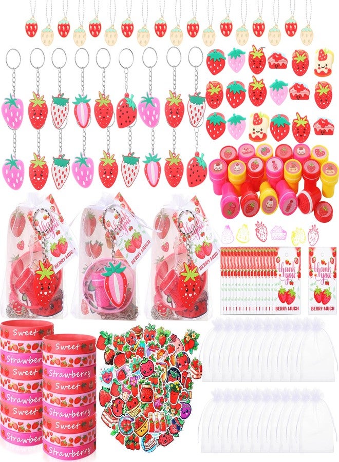 Landical 194 Pcs Cute Strawberry Party Favors Includes Pendant Keychain Silicone Ring Bracelet Stickers Bubble Sticker Party Tags Organza Bag Stampers for Baby Shower Birthday Party Class Reward - Image 1